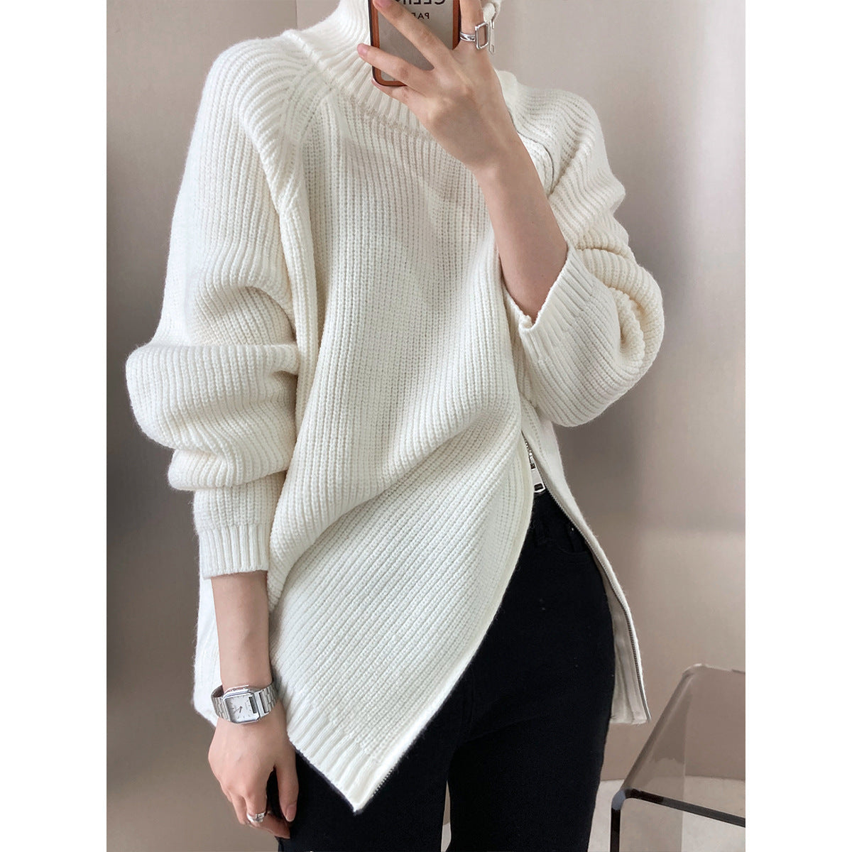 Pull Femme Tricot Mélange de Laine Oversize Col Haut Zip Latéral Nordisk Flair Confortable