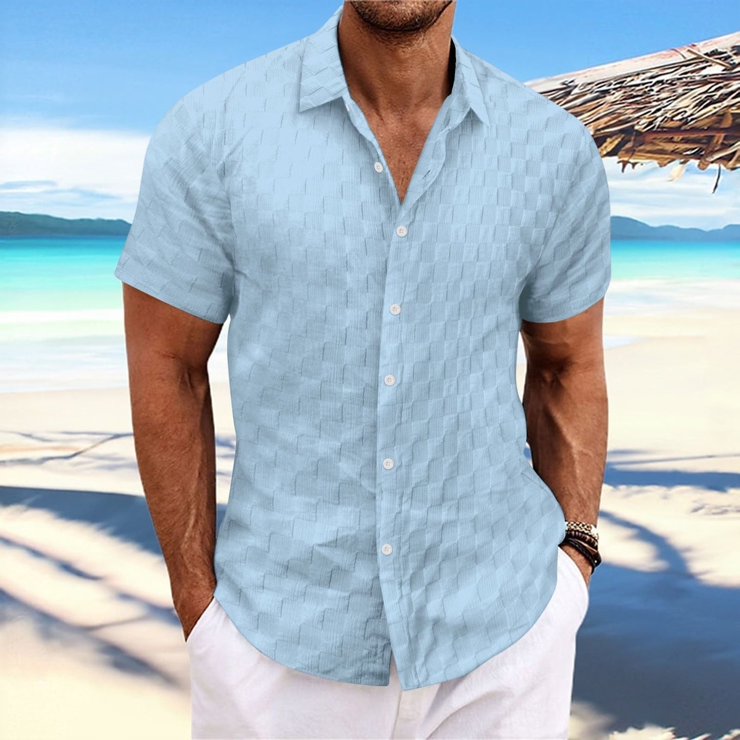 Chemise Décontractée Pour Homme Nordisk Flair Coupe Regular Manches Courtes Tissage Texturé Respirant Mélange Coton