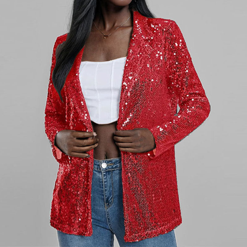 Blazer Femme Revêtu De Sequins À Ouverture Devant Coupe Ajustée Manches Longues Élégant Pour Soirées Festives