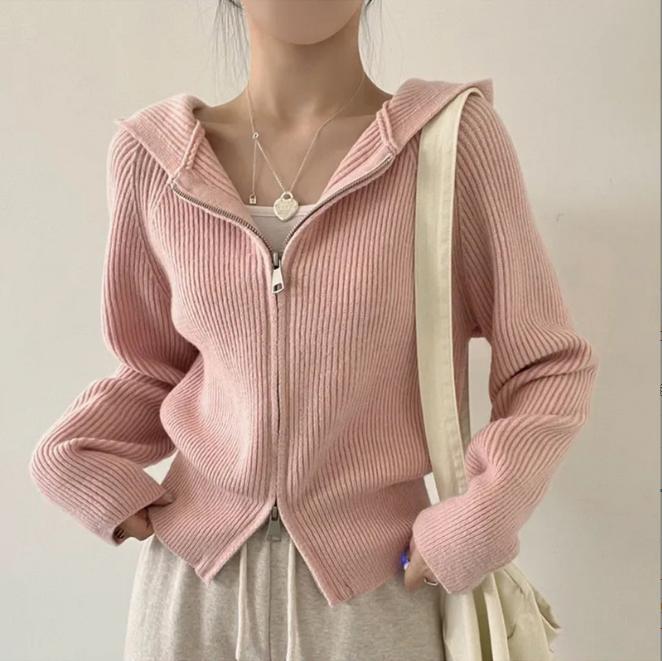 Damen lässige Strickjacke mit Kapuze und Reißverschluss Amawinc