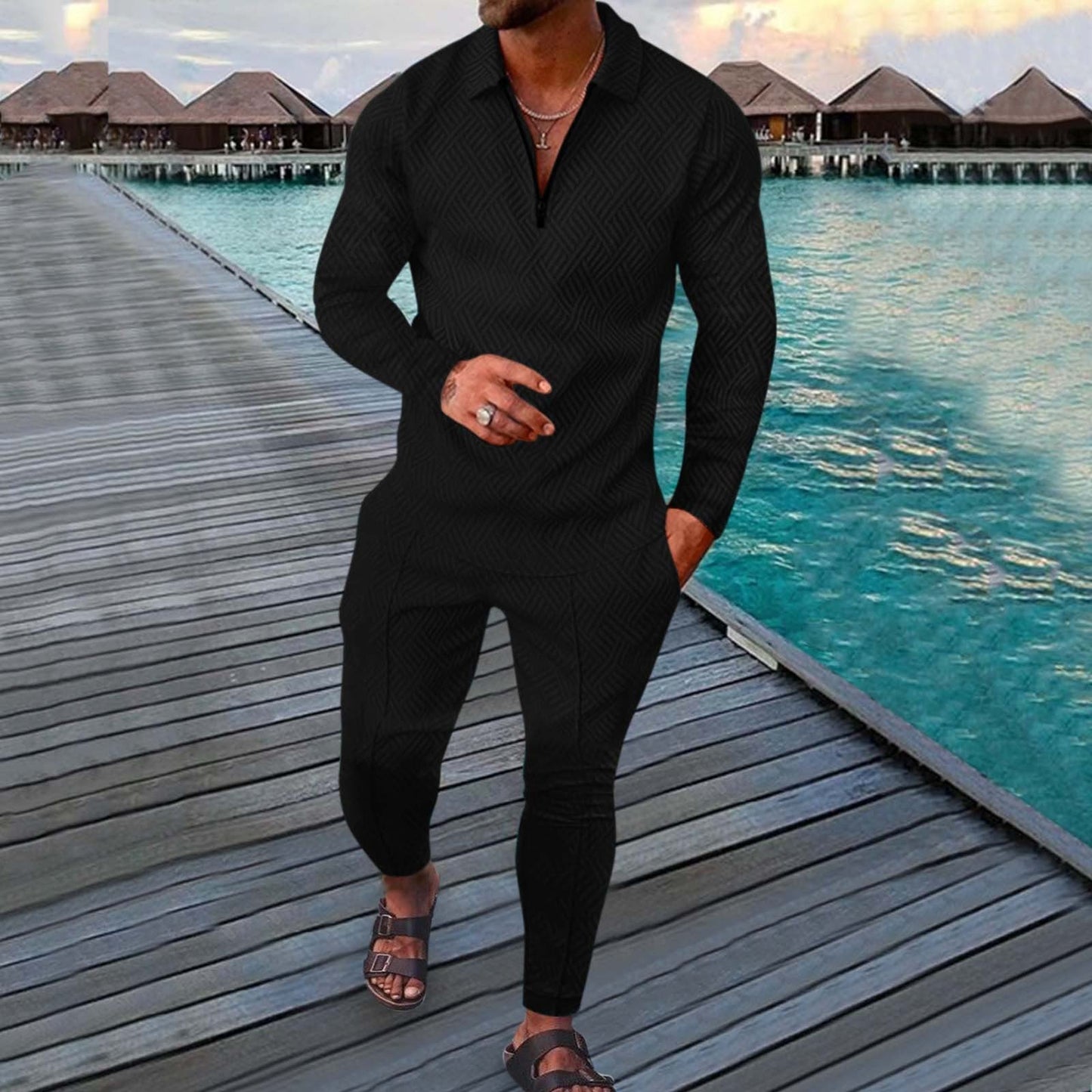 Ensemble Homme Deux Pièces Slim Fit Loisirs Sport Avec Polo À Manches Longues Et Imprimé 3D Respirant Par Amawinc