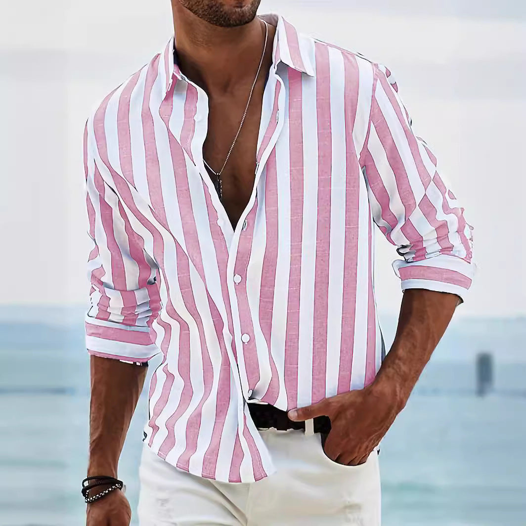 Chemise Homme Amawinc Manches Longues En Mélange Coton Lin Rayé Coupe Décontractée Pour Quotidien