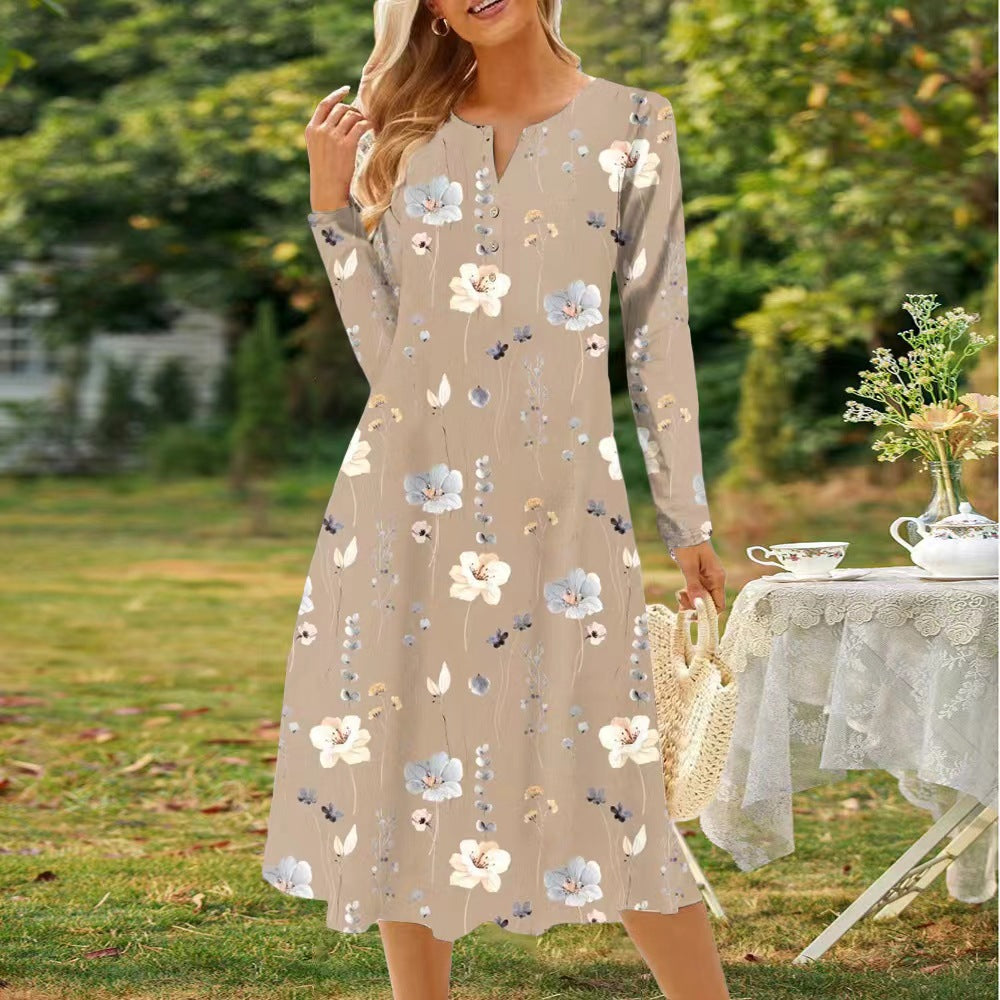 Elegantes Damenkleid von Fudus mit Gürtel, Blumenmuster, V-Ausschnitt und langen Ärmeln