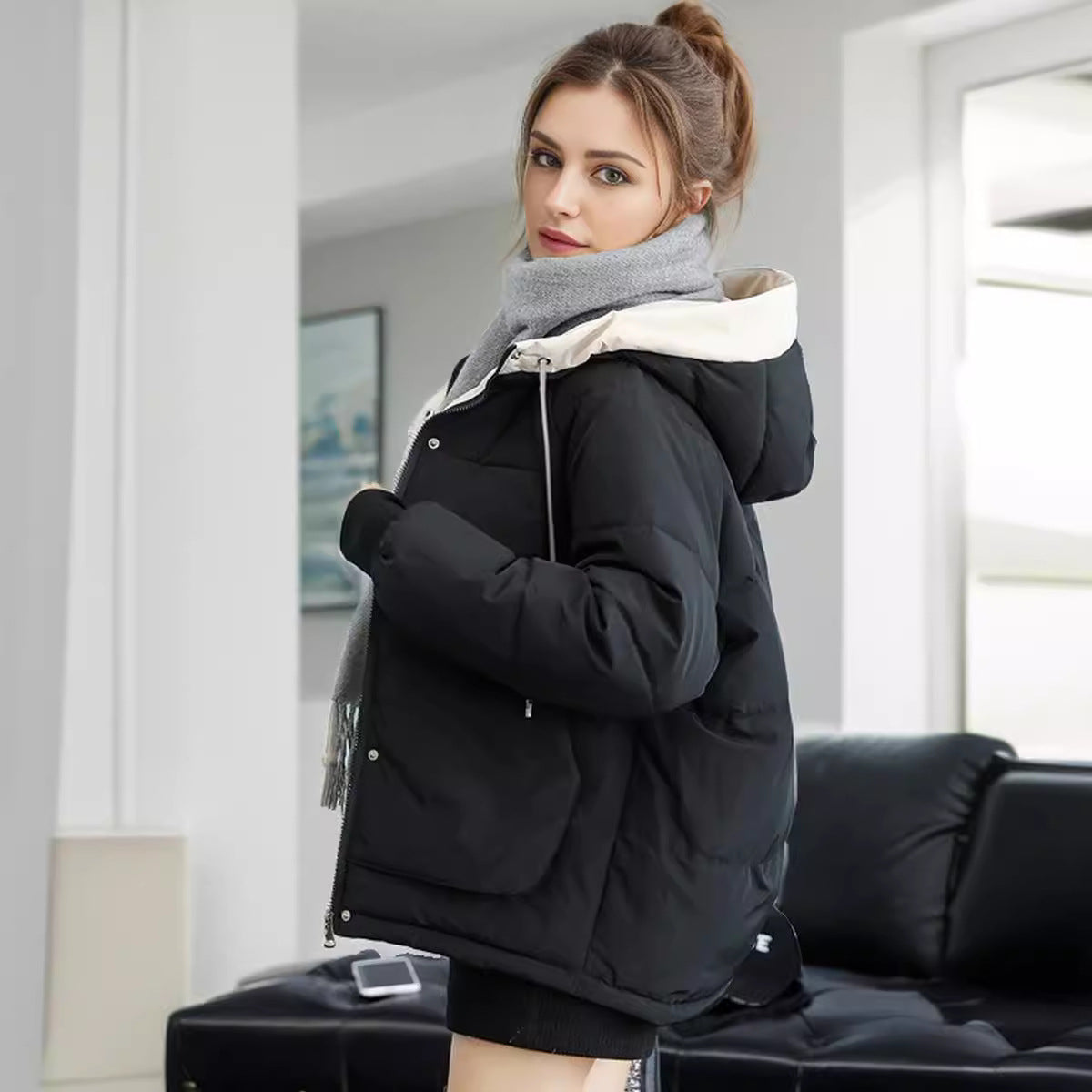 Damen modische Steppjacke mit abnehmbarer Kapuze und komfortabler Passform Amawinc