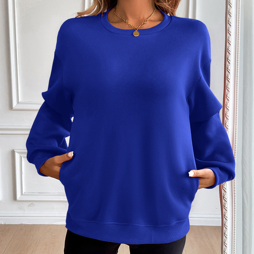 Sweatshirt Femme À Coupe Ample Mélange Coton Col Rond Manches Longues Poches Frontales