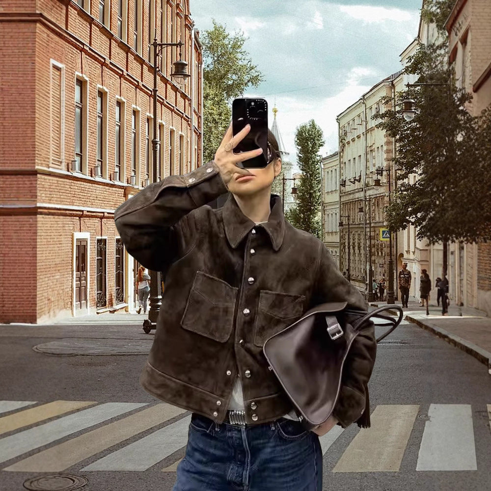 Damen Modische Wildlederjacke mit strukturiertem Design und praktischen Taschen Amawinc