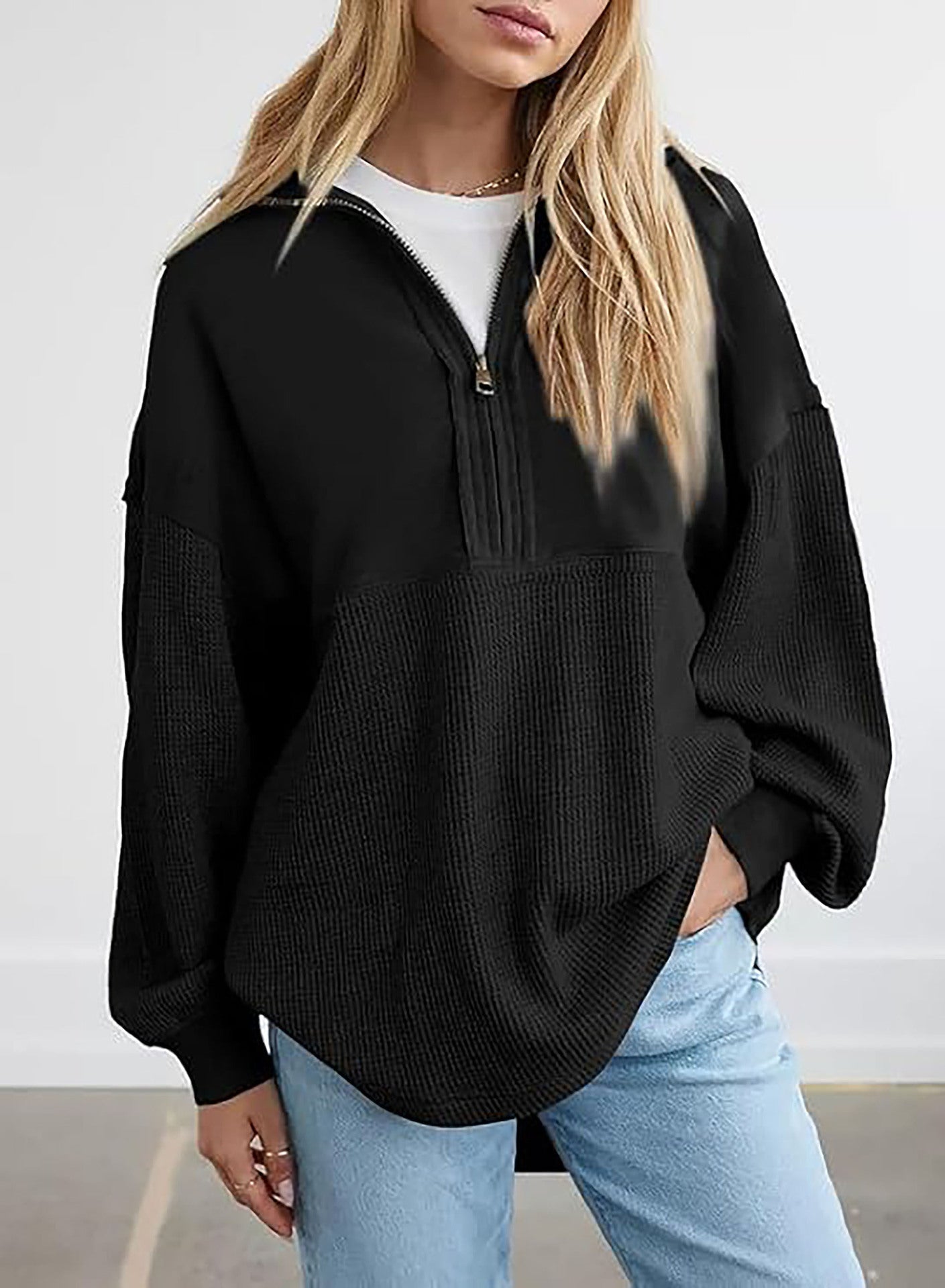 Damen lässiger Kapuzenpullover mit halblangem Reißverschluss und strukturiertem Material Amawinc