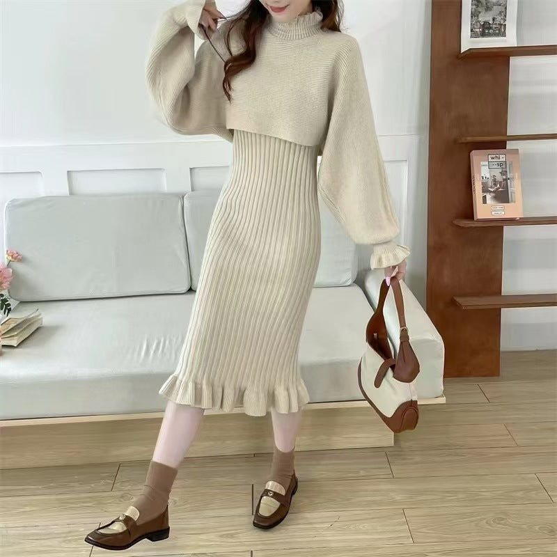 Damen Strickkleid mit hochgeschlossenem Kragen und Rippstruktur Amawinc