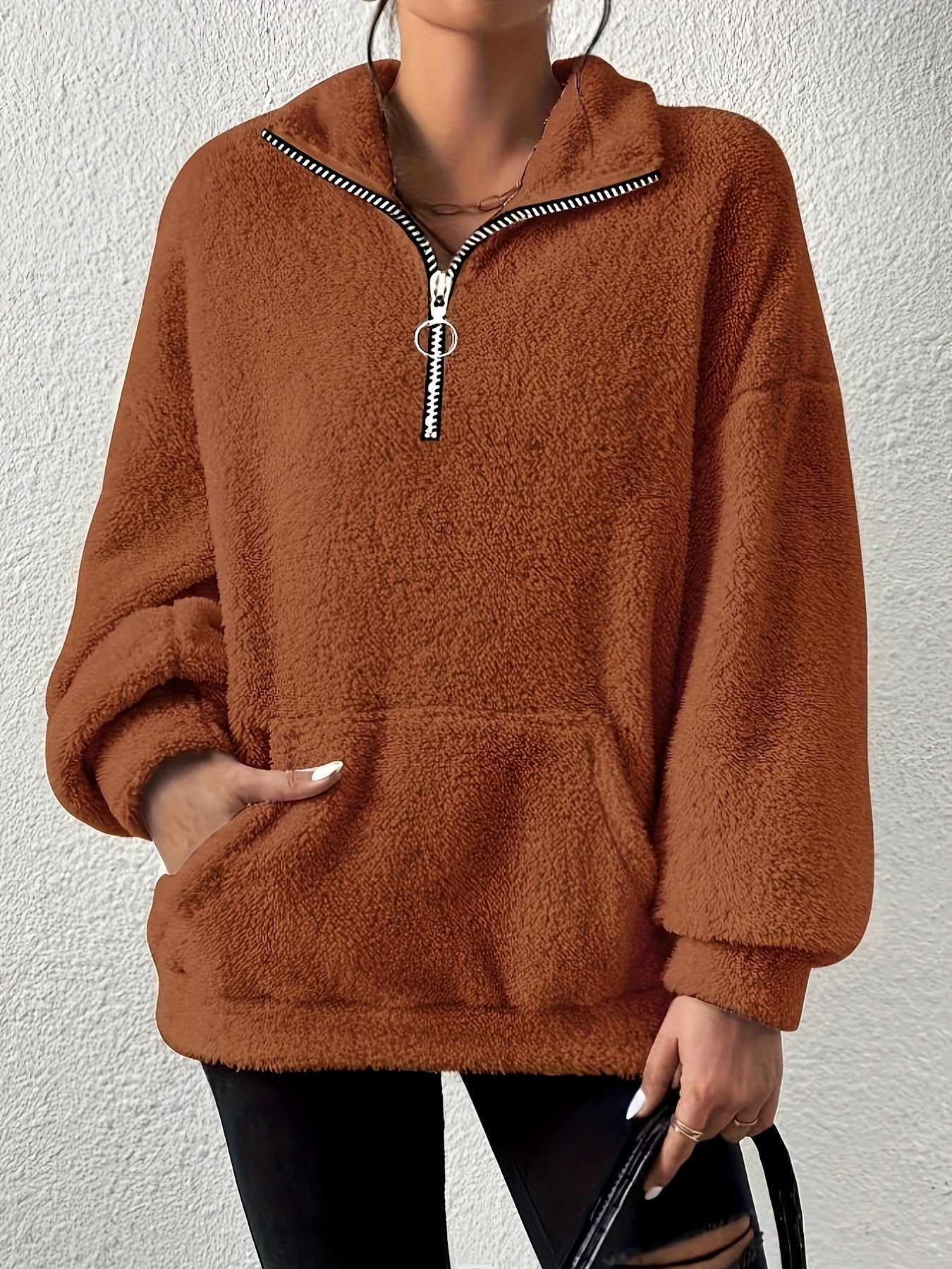 Damen kuscheliger Fleece-Pullover mit halbem Reißverschluss und Seitentaschen Amawinc