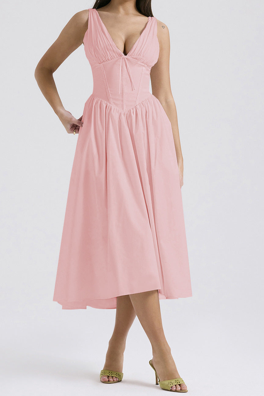 Amawinc Robe Femme Aline Sans Manches Décolleté En V Imprimé Floral Longueur Midi Chic Et Confortable Été