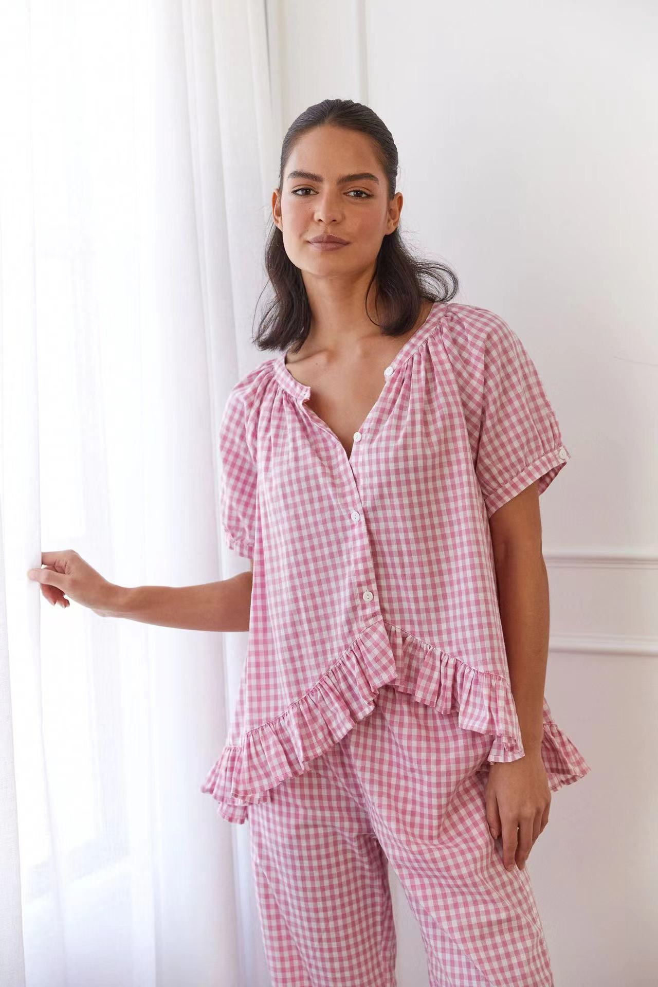 Ensemble Femme Chemise Pantalon Coton Léger Coupe Décontractée Détails Froncés Motif À Carreaux
