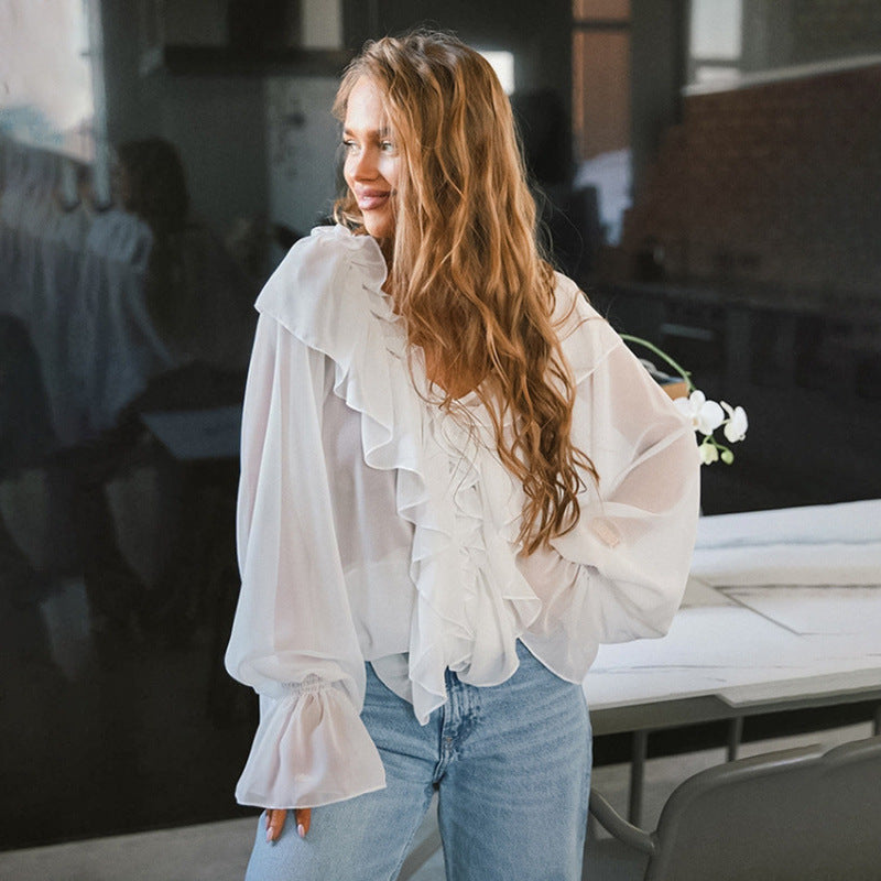 Damen Luftige Rüschenbluse aus Chiffon mit Oversize-Schnitten Amawinc