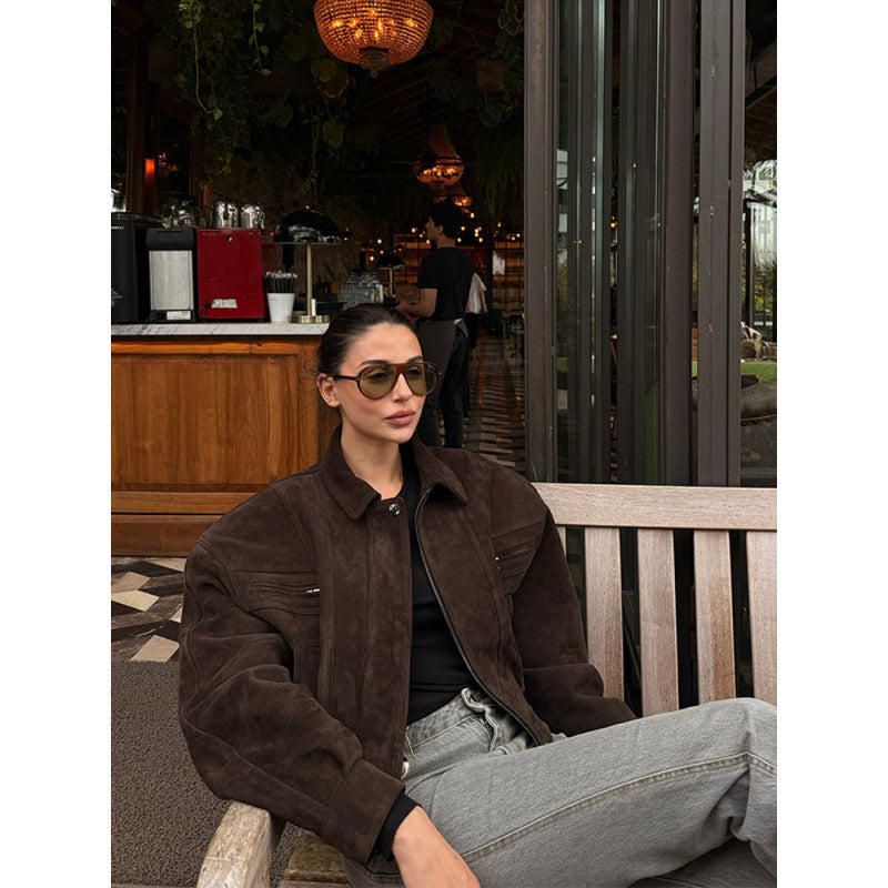 Damen Modische Wildlederjacke mit cropped Schnitt Amawinc