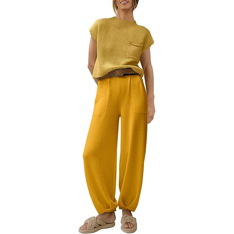 Ensemble En Maille Pour Femme Haut Court Avec Poche Poitrine Pantalon Large Taille Haute Confort Doux