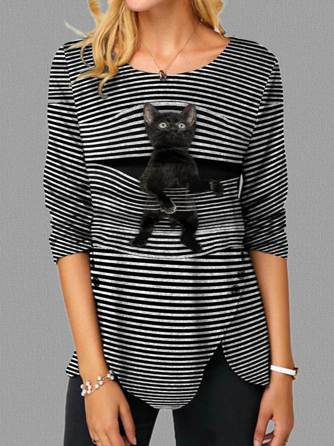 Damen lässige T-Shirt mit Katzenmotiv Amawinc