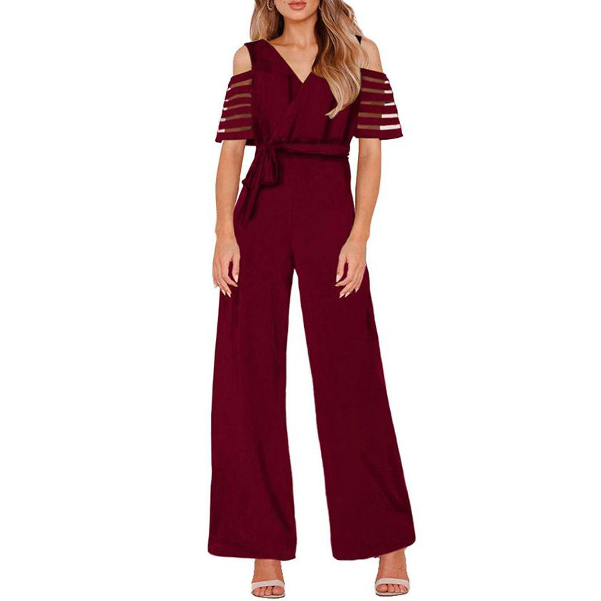 Damen Eleganter Jumpsuit mit transparenten Ärmel-Details und Taillengürtel Amawinc