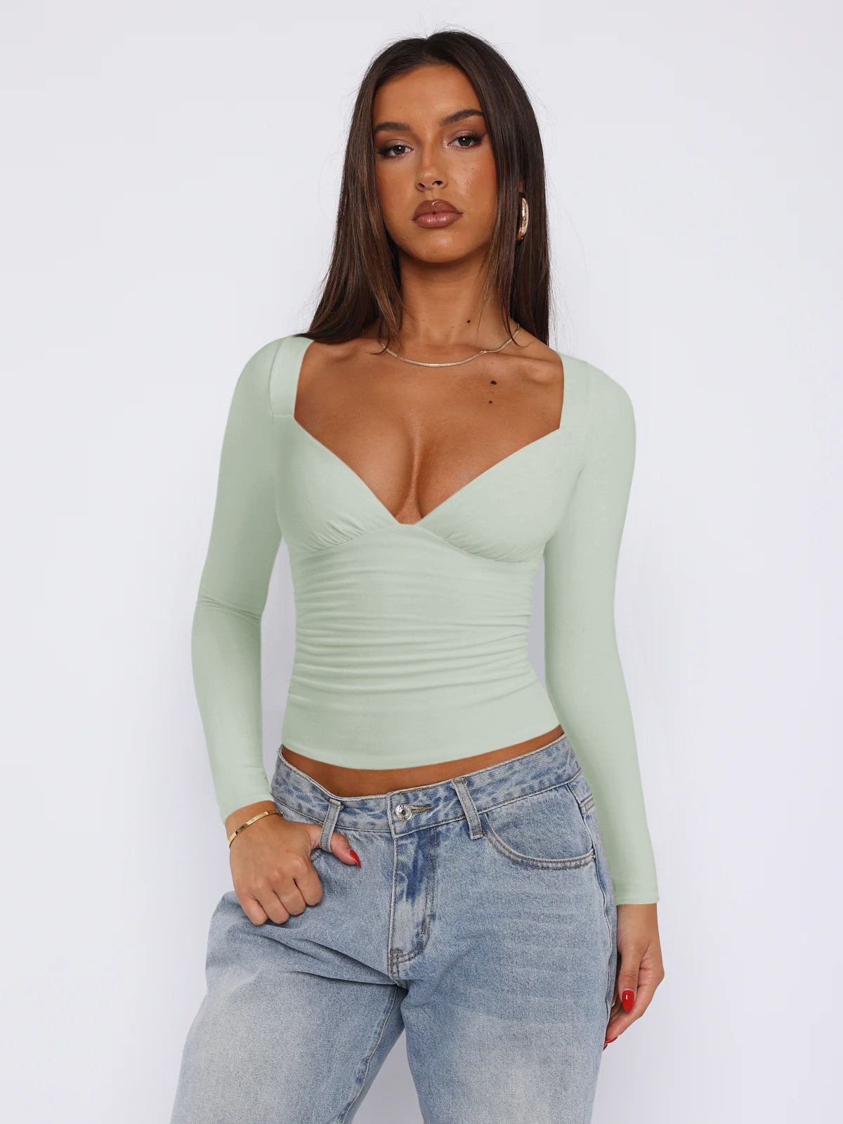 Damen figurbetontes Langarmoberteil mit V-Ausschnitt und Raffungen Amawinc