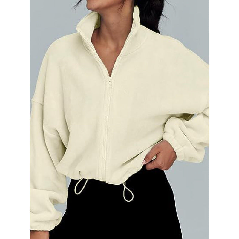 Damen trendy Oversize-Zip-Pullover mit hohem Kragen und Kordelzug Amawinc