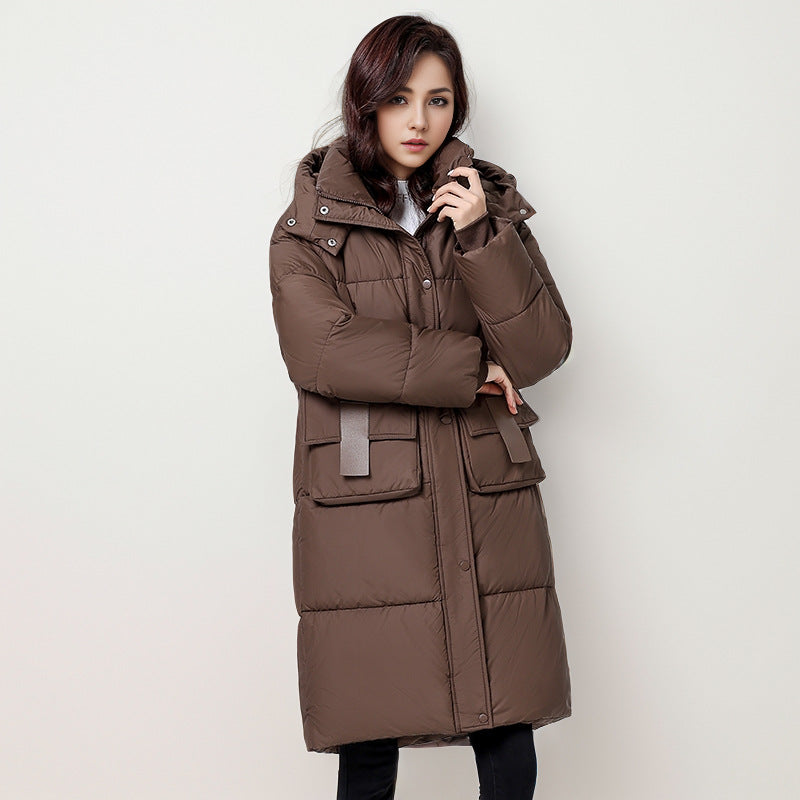 Damen gesteppter Langmantel mit wärmender Kapuze und praktischen Taschen Amawinc