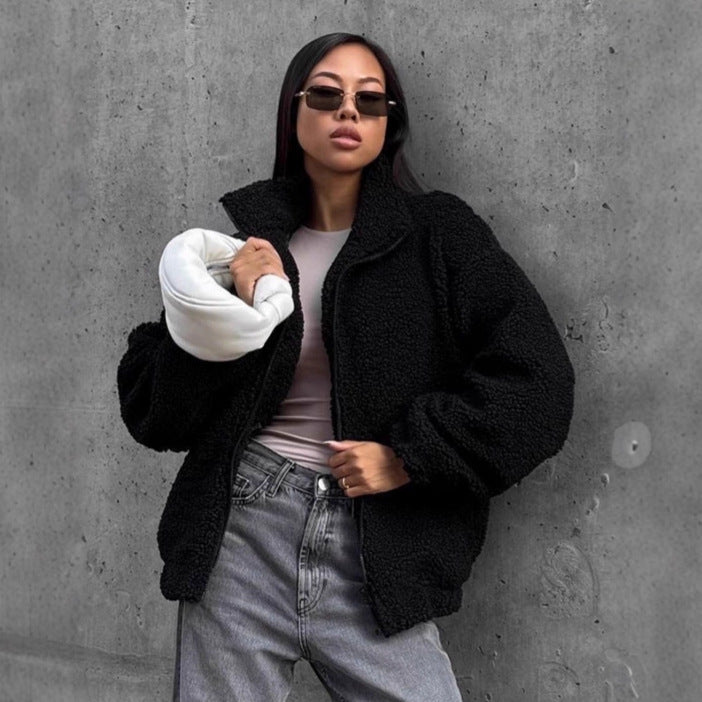 Damen Teddyjacke mit hohem Kragen und voluminösen Ärmeln Amawinc