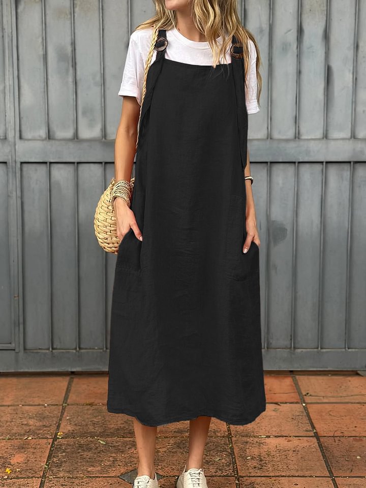 Damen lässiges Leinen-Trägerkleid mit praktischen Taschen Amawinc