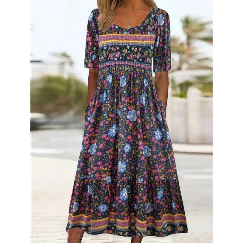 Amawinc Robe Maxi Bohème Pour Femme Imprimé Floral À Manches Courtes Poches Confort Quotidien Coupe Décontractée