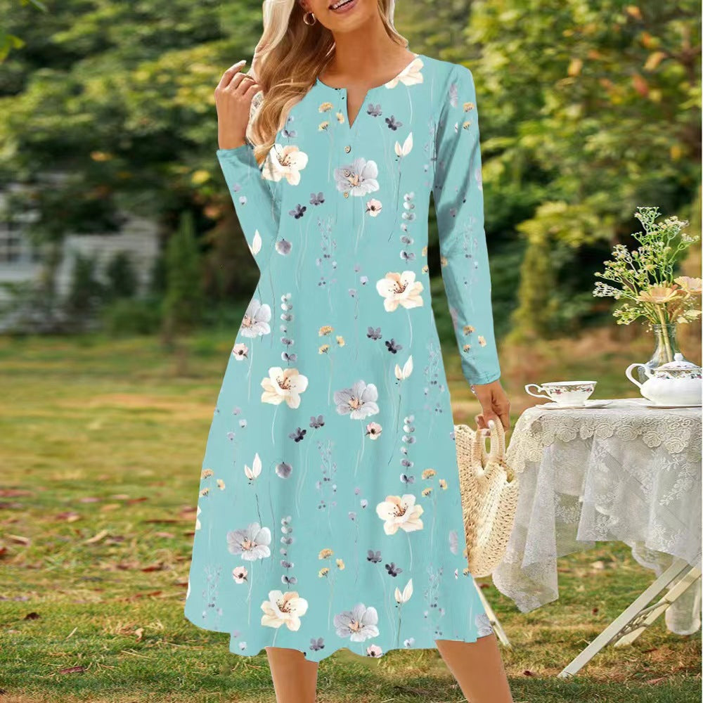 Elegantes Damenkleid von Fudus mit Gürtel, Blumenmuster, V-Ausschnitt und langen Ärmeln