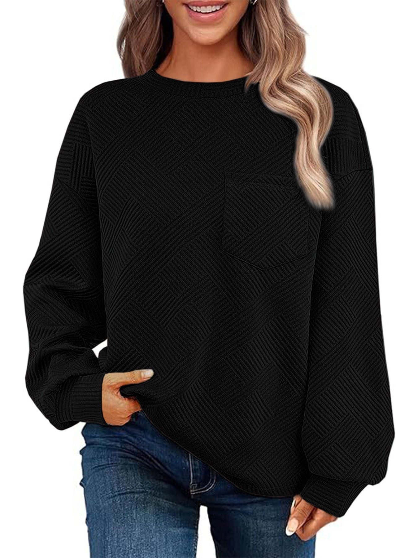 Damen Lässiger Pullover mit strukturiertem Muster und praktischen Taschen Amawinc