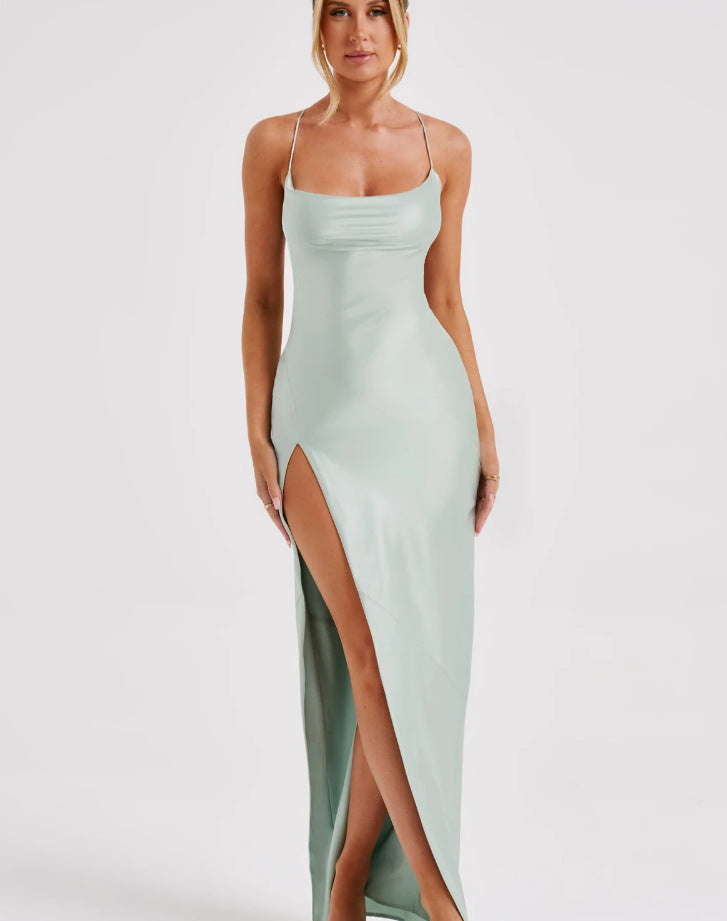 Damen Elegantes Maxikleid mit schmalen Spaghettiträgern und seitlichem Schlitz Amawinc