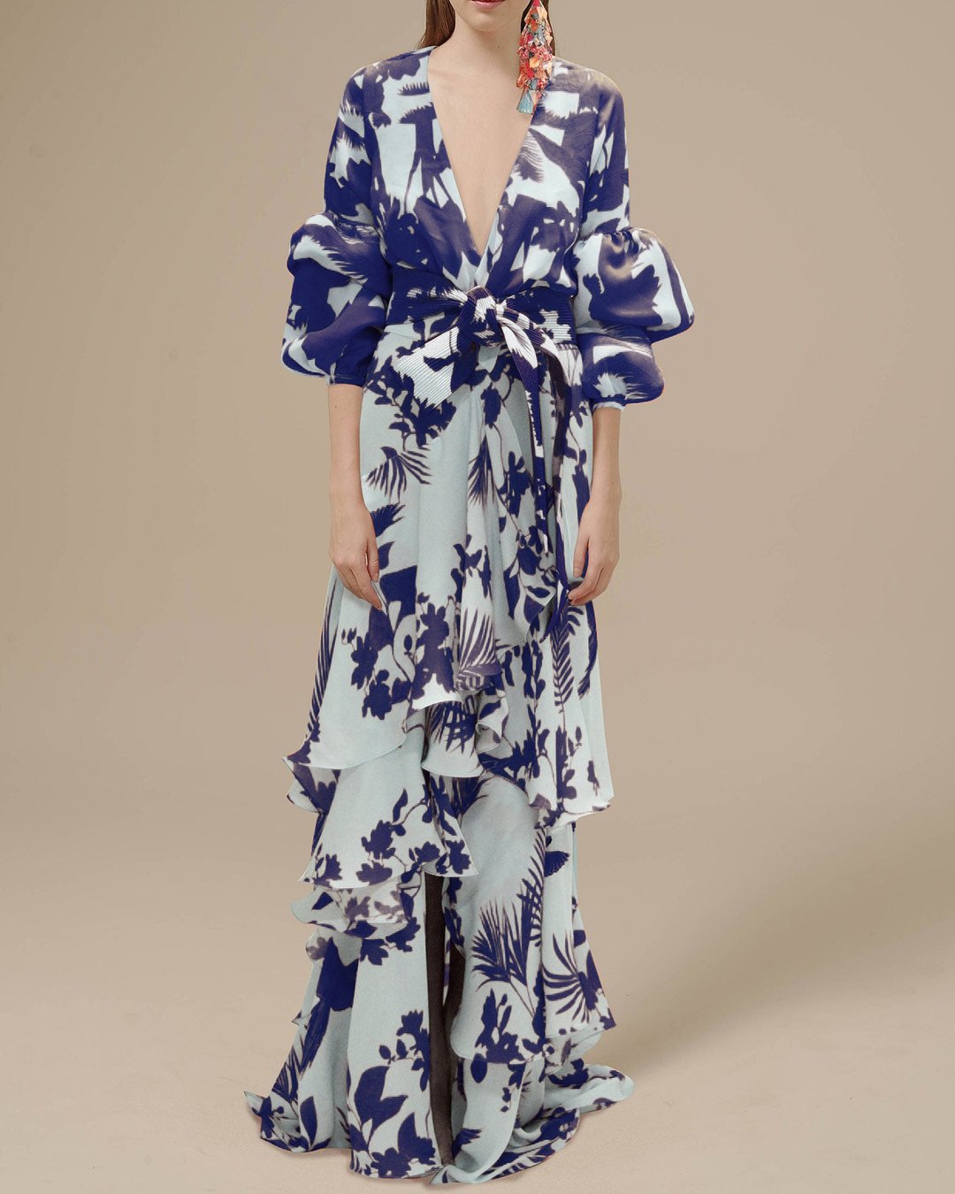 Robe Été Florale Maxi à Encolure V Manches Bouffantes Ceinture à la Taille Jupe Superposée Élégante