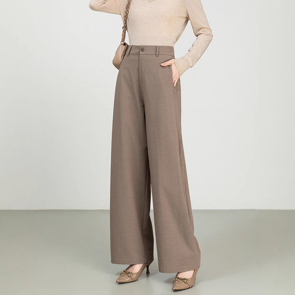 Pantalon Femme Taille Haute En Mélange Laine Coton Coupe Ample Look Professionnel