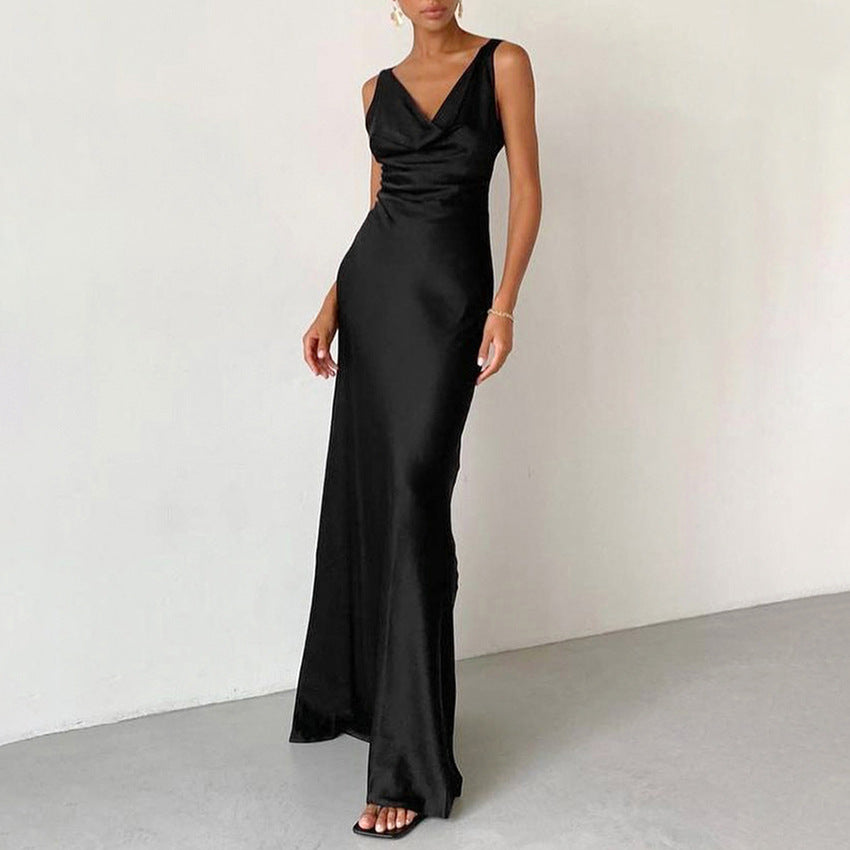Robe De Soirée Femme Satin Longueur Au Sol Silhouette Slim Fit Col Drapé Bretelles Spaghetti