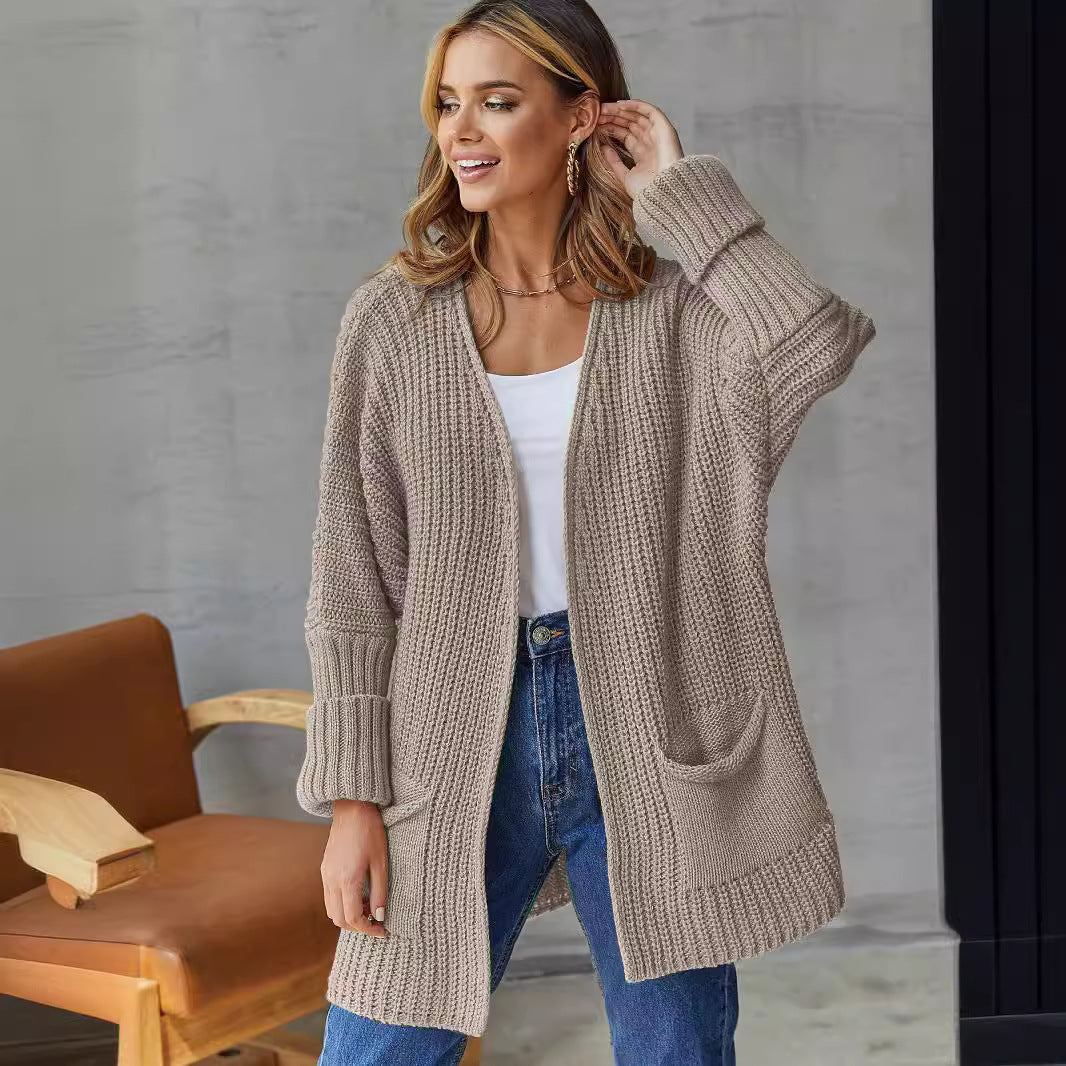 Damen gestrickter Cardigan mit großzügigen Taschen und strukturiertem Design Amawinc