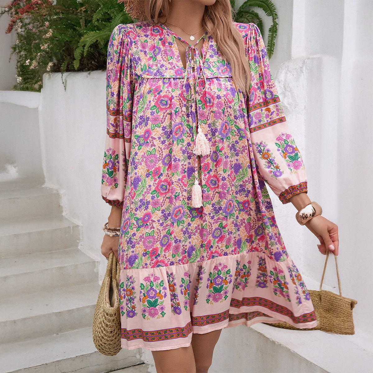 Robe Femme Décontractée À Encolure V Motif Floral Manches Trois Quarts Coupe Loose Coton Mélangé