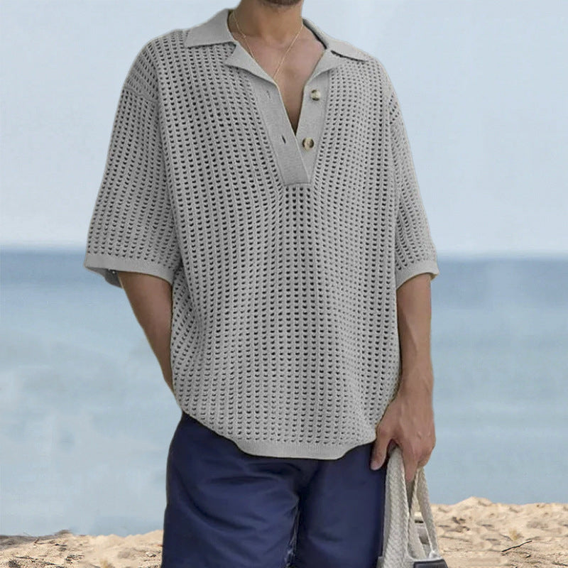 Pull Oversize Homme En Maille Coton Col Notch Respirant Idéal Pour Plage Ou Sorties Décontractées Manches Courtes
