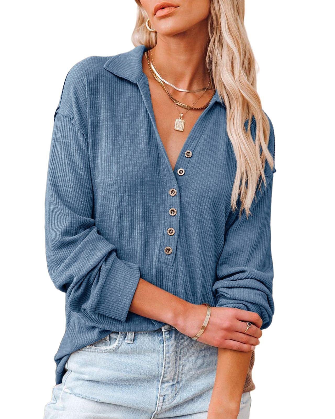 Damen lässiges Langarmhemd mit Knopfleiste und strukturiertem Muster Amawinc