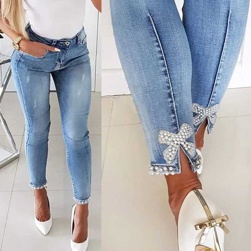 Damen Skinny Jeans mit Perlen- und Schleifendetails Amawinc