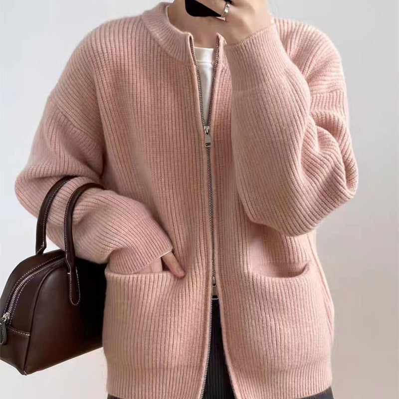 Cardigan Femme En Maille Côtelée Mélange Laine Coupe Oversize Avec Double Zip Poches