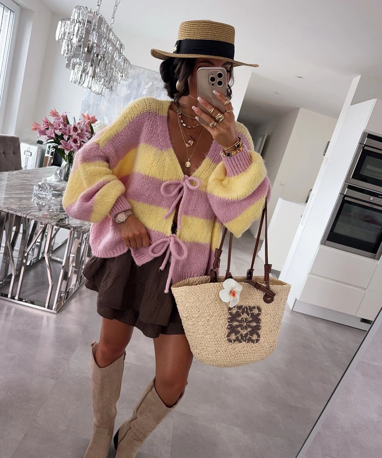 Damen lockere Strickjacke mit breiten Streifen und Bindegürtel Amawinc