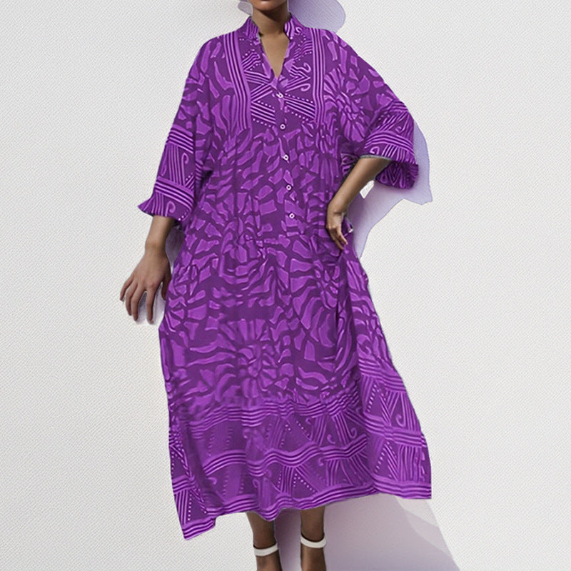 Robe Midi Femme Coupe Ample Tissu Léger Bouton Fermeture Imprimée Motif Vacances Manches Retroussées
