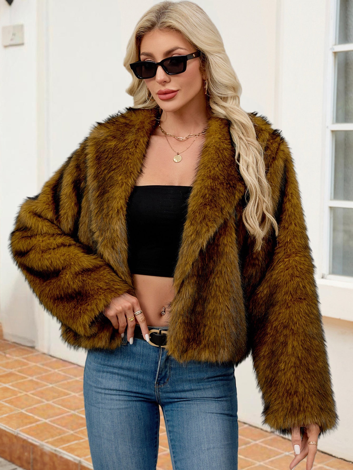 Damen Flauschige Kunstfelljacke mit elegantem Revers Amawinc