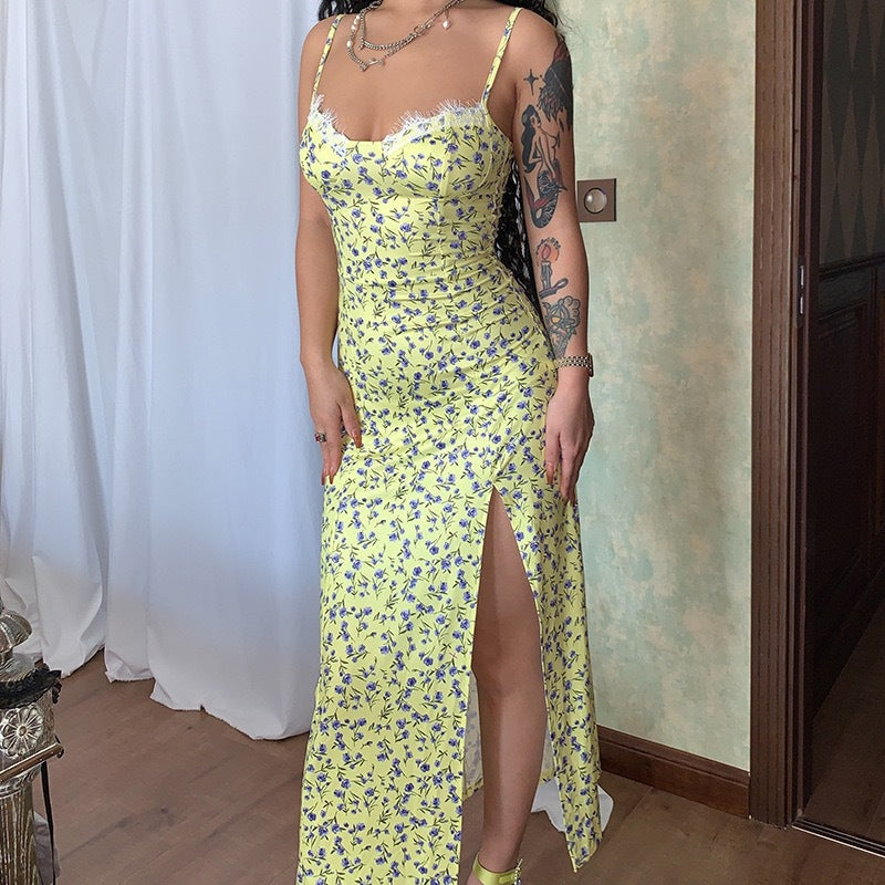 Robe Midi Femme Coupe Taillee Imprime Floral Decollete En Coeur Fente Bretelles Ete