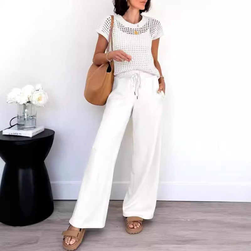 Ensemble Amawinc Femme Haut En Maille Ajourée Manches Courtes Et Pantalon Large Coupe Décontractée