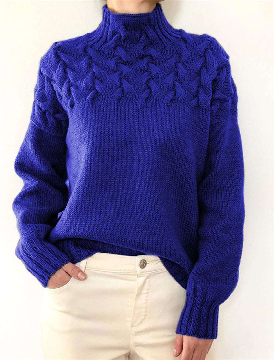 Damen Grobstrickpullover mit Stehkragen und Zopfmuster Amawinc