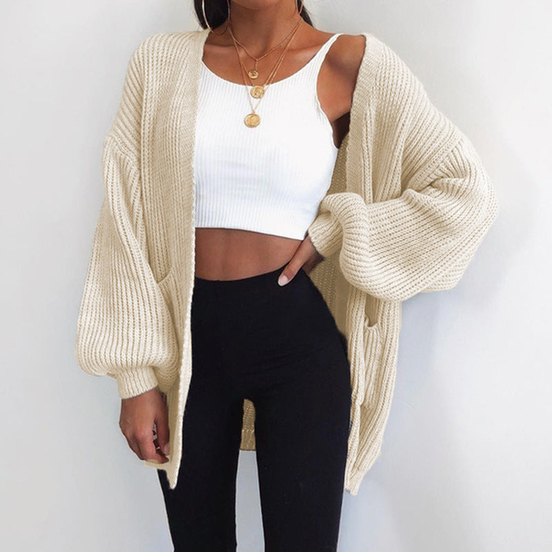 Damen Grobstrick-Cardigan mit weitem Schnitt und lässigen Puffärmeln Amawinc