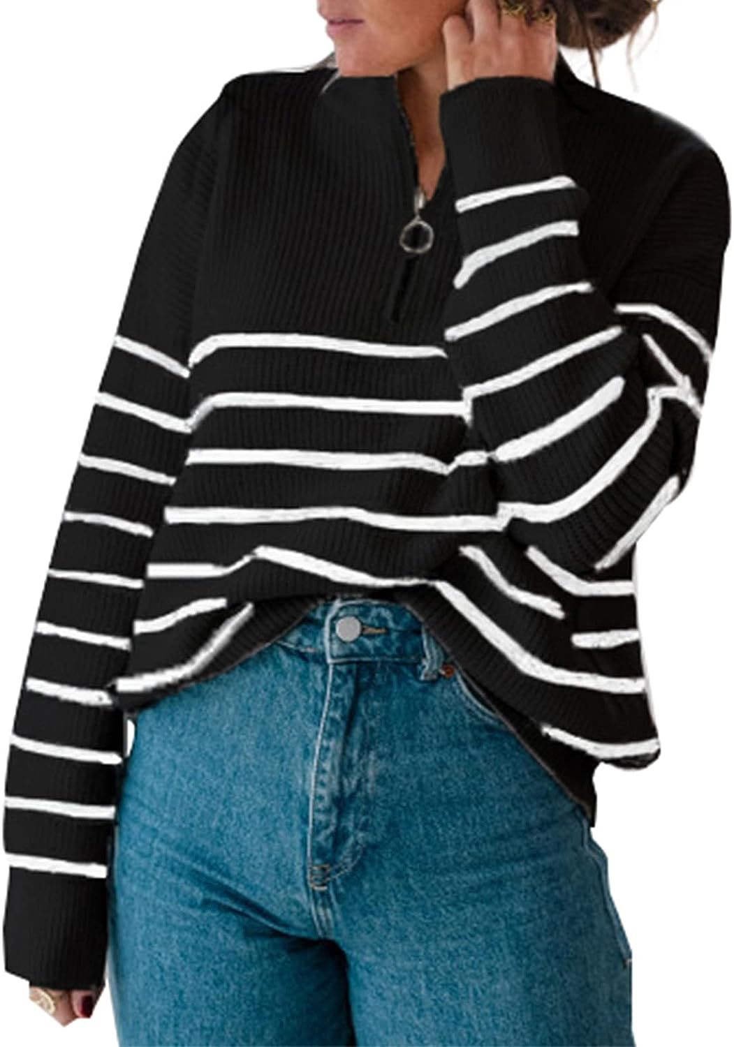 Damen lässiger Pullover mit kurzem Reißverschluss und Streifenmuster Amawinc