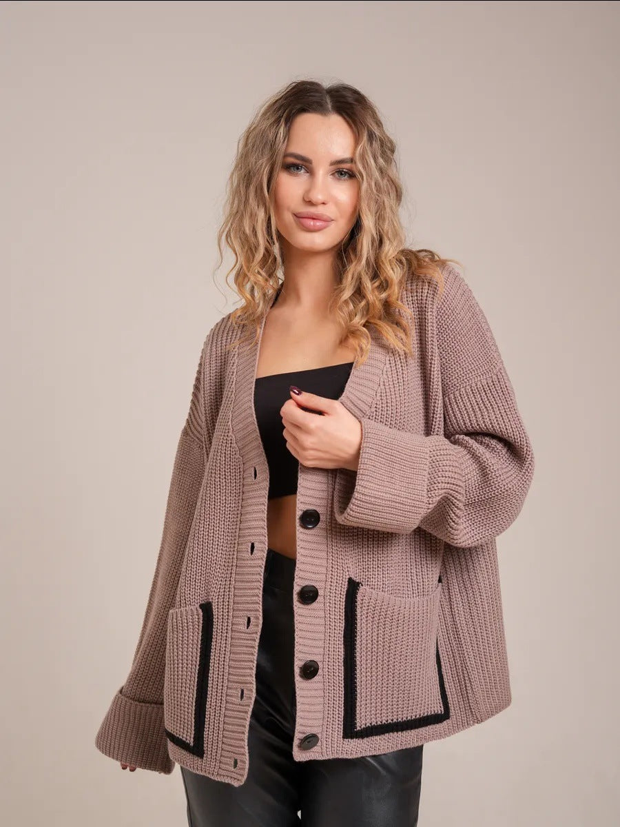 Damen Strickjacke mit großem Kragen und Taschen Amawinc