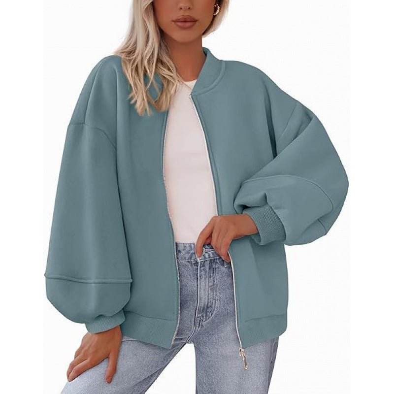 Damen lässige Oversized-Jacke mit Reißverschluss und ballonen Ärmeln Amawinc
