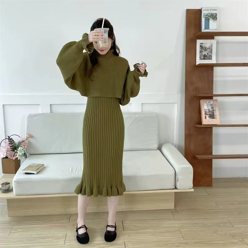 Damen Strickkleid mit hochgeschlossenem Kragen und Rippstruktur Amawinc