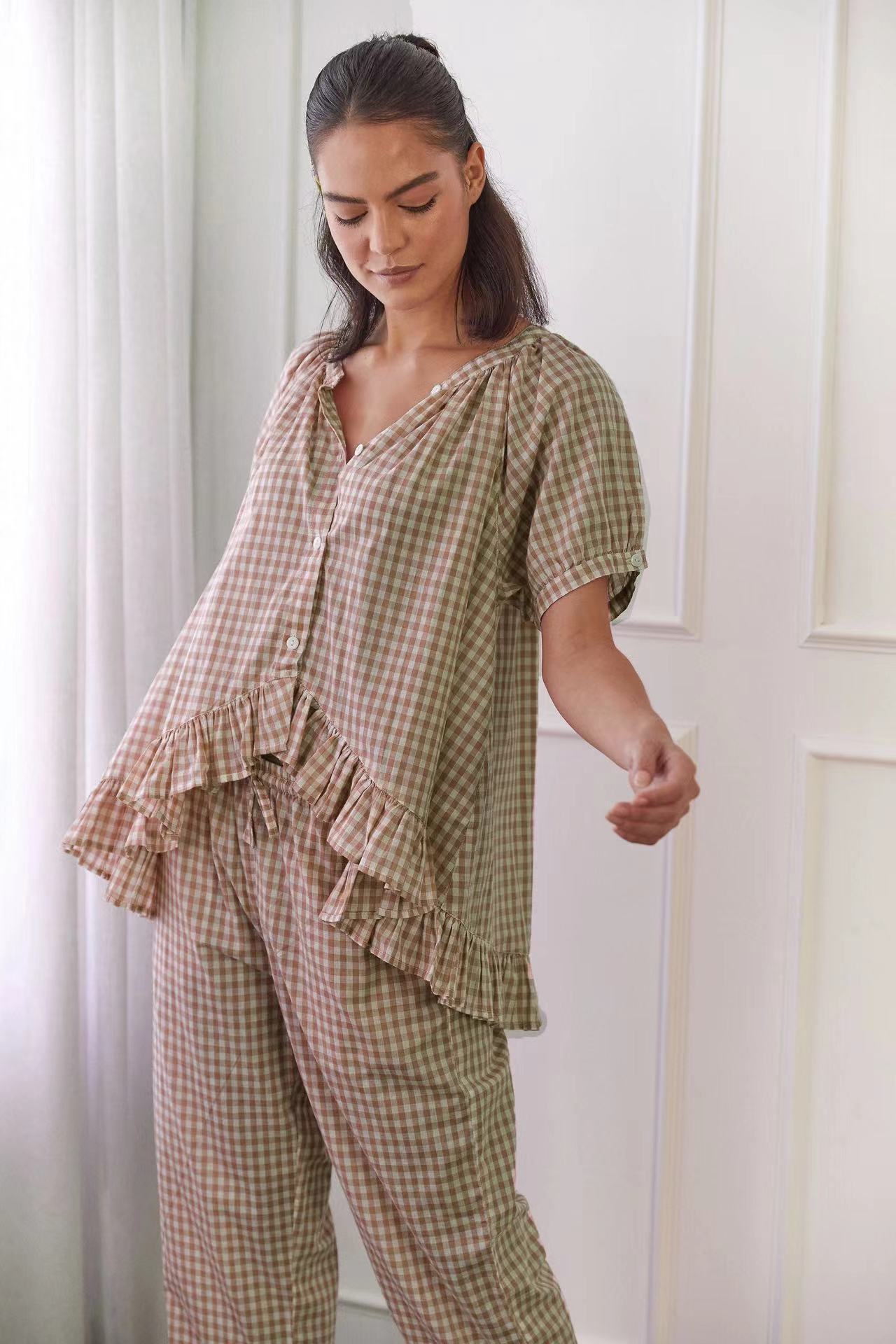Ensemble Chemisier et Pantalon Femme en Coton Coupe Décontractée à Fronces Pour Look Quotidien Confortable